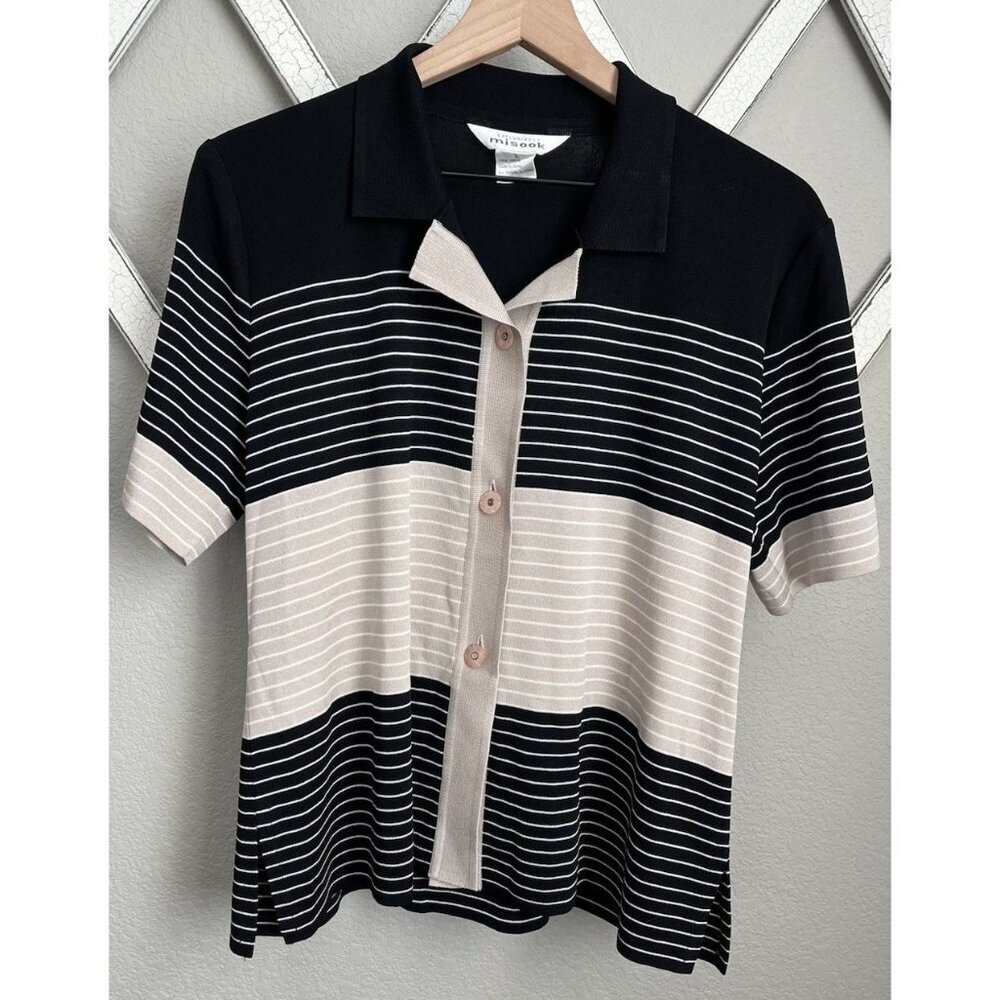 Exclusively Misook Women's L Button Down Short Sleeve Collared Top Striped